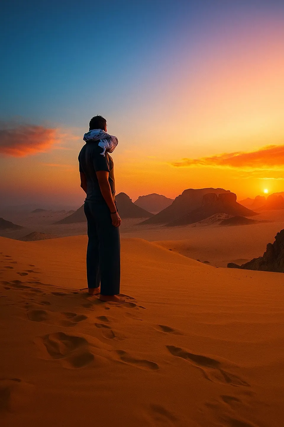 Un voyageur pieds nus au sommet d'une dune, face au coucher du soleil sur des massifs de grès