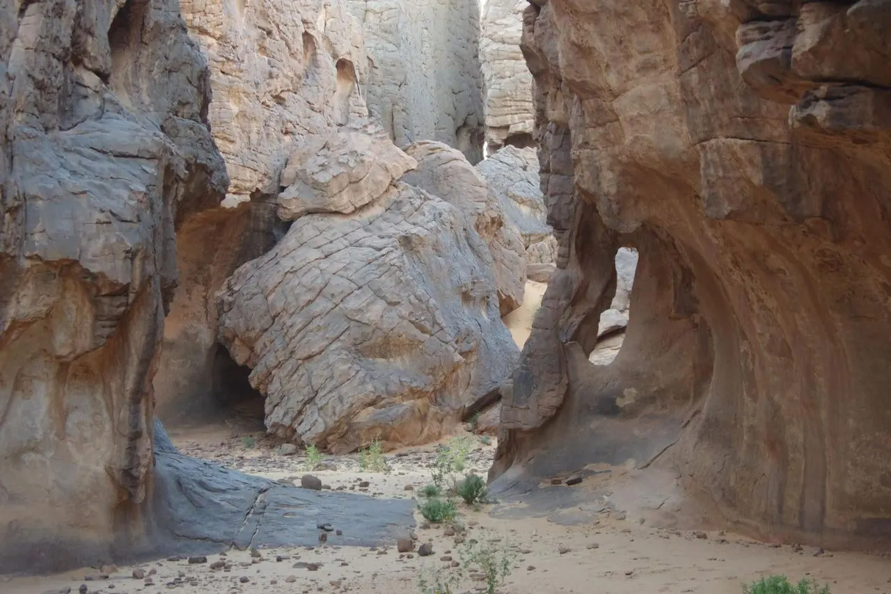 Dédale de rochers sculptés par l'érosion et arche de grès